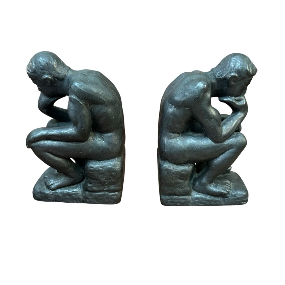 Vintage The Thinker Sculpture Set Ceramic Statue Figurine Book Ends Bookends - Picture 2 of 8